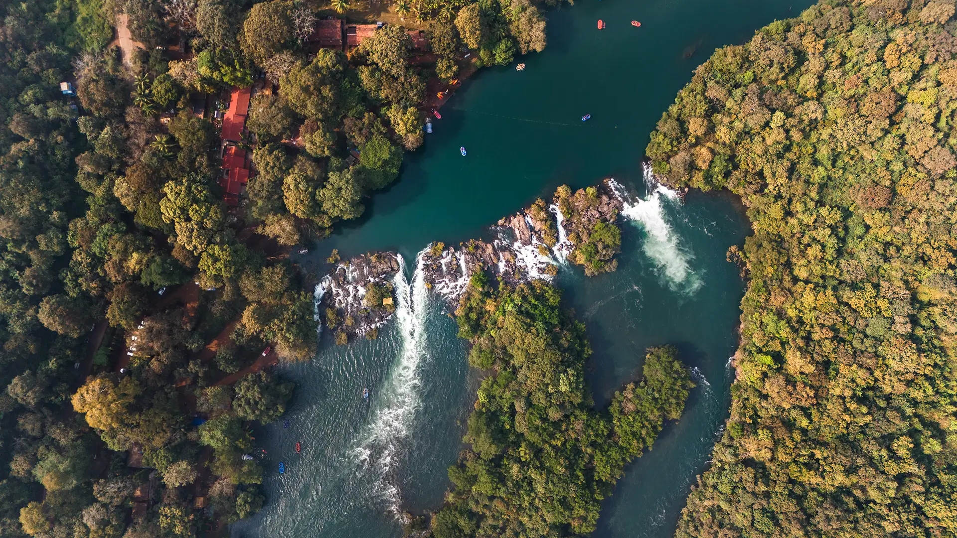 Aerial view of river rafting at Kali River Dandeli